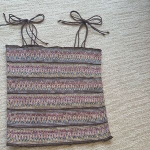 Brown Multicolor Smocked Tube Camisole with Tie Straps